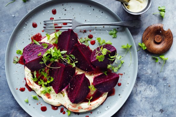 Wine-poached beetroot with mustard cream.