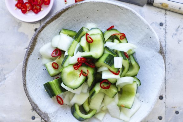 Cucumber and onion in sweet vinegar.