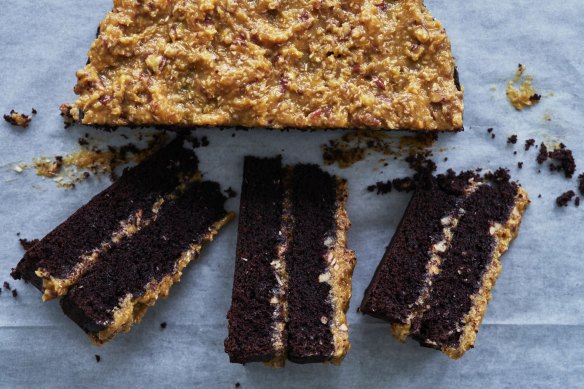 Chocolate layer cake with pecan and coconut icing.
