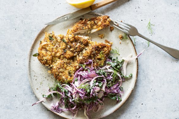 Pub favourite: Chicken schnitzel with cabbage and fennel slaw.