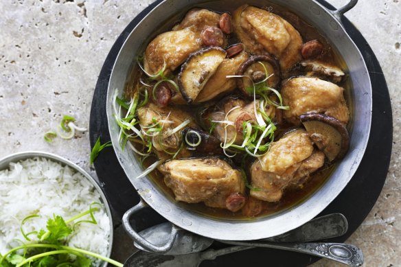 Steamed chicken with shiitake mushrooms and Chinese sausage.