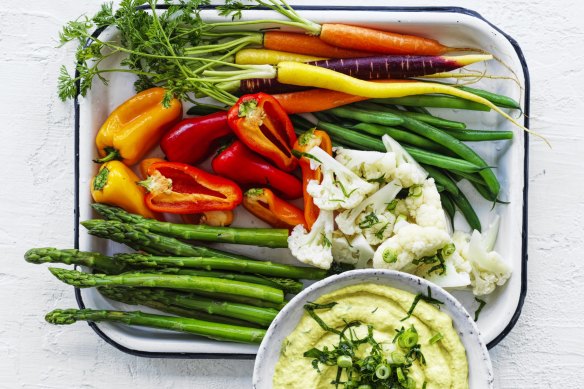 Spring vegetables with tuna and turmeric dip.