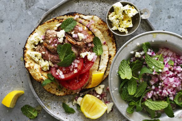 Souvlaki-meets-taco: Lamb and feta wraps with mint salsa.