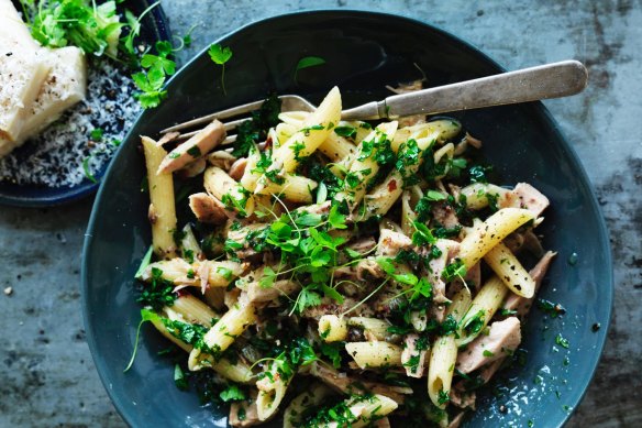 Penne with preserved chilli tuna.