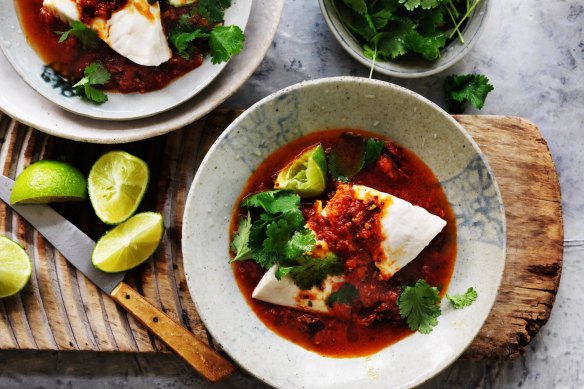 Steamed blue-eye trevalla with tomato curry.