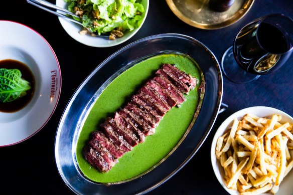 Sirloin steak frites with special sauce at Bouillon l'Entrecote in Sydney.