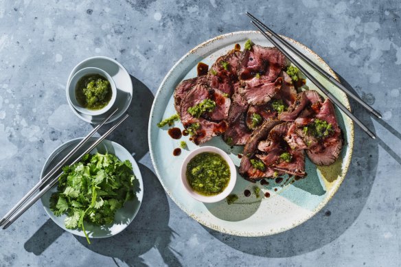 Peppered beef tataki with green chilli jaew.
