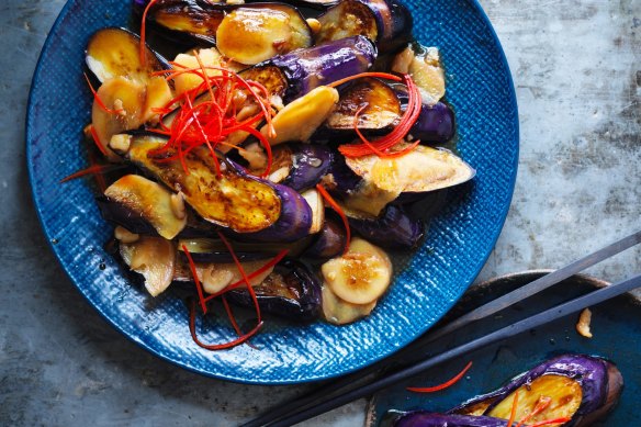 Kylie Kwong's stir-fried eggplant with red chillies and ginger.