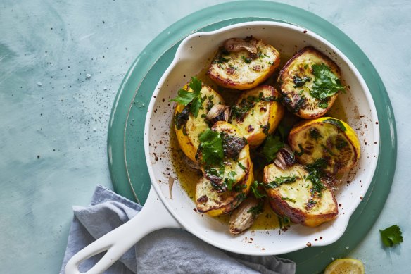 Roast yellow squash with anchovies and garlic.