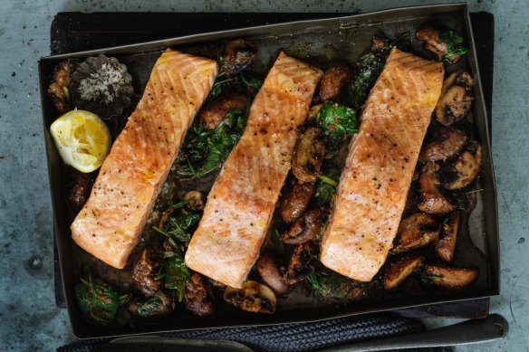 Speedy salmon on a bed of garlicky mushrooms and spinach.