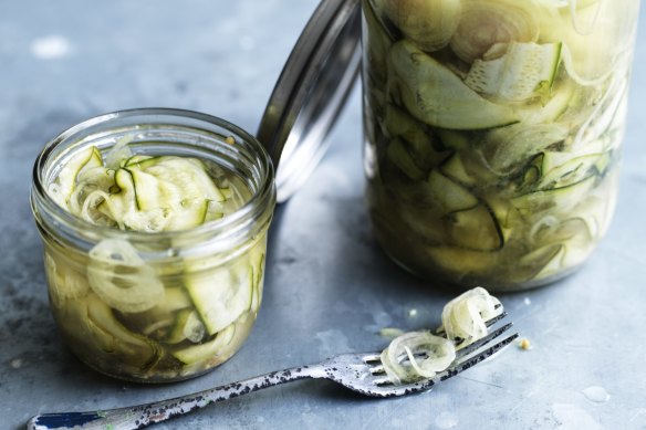 Serve these zucchini pickles in burgers or alongside cold meats.