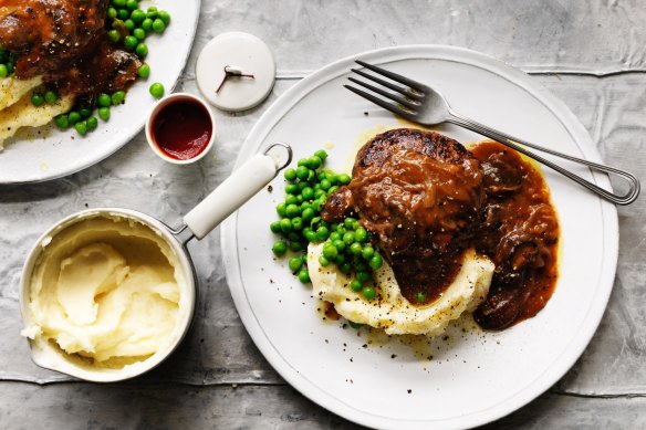 Salisbury steaks with mushroom and onion gravy.