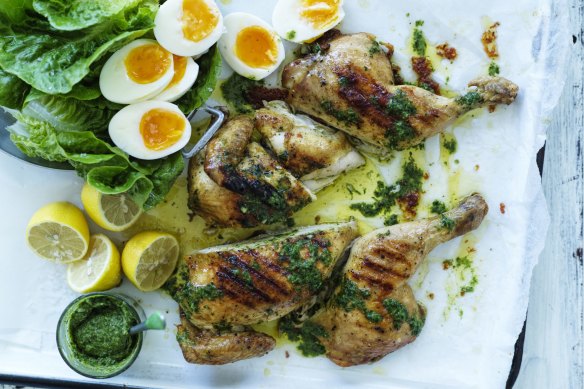 Easy Easter: Barbecued butterflied chicken and eggs.