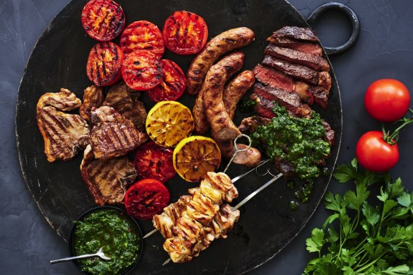 Adam Liaw's mixed grill with roast tomatoes and salsa verde