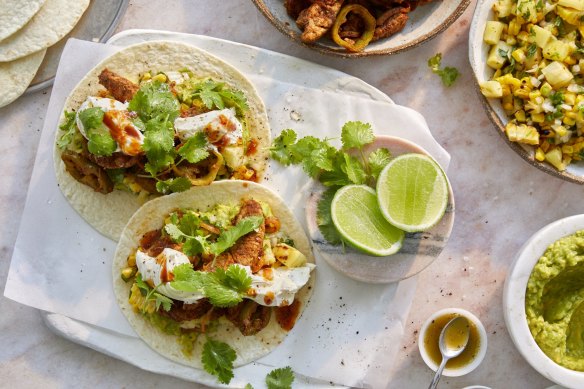 Karen Martini's pork loin fajitas with pineapple and corn salsa and guacamole.
