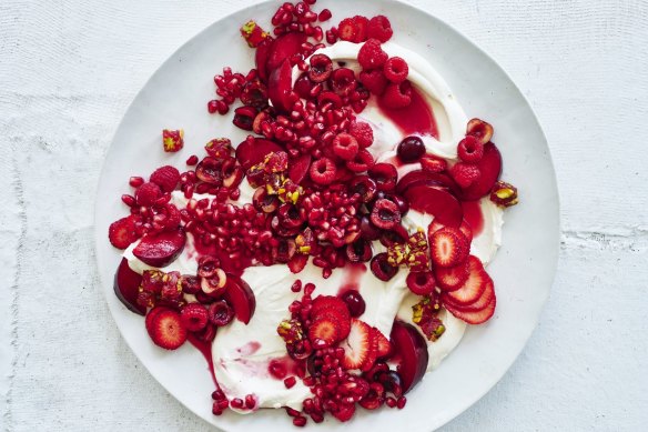 Adam Liaw's red fruit salad with cherry and rosewater cream.