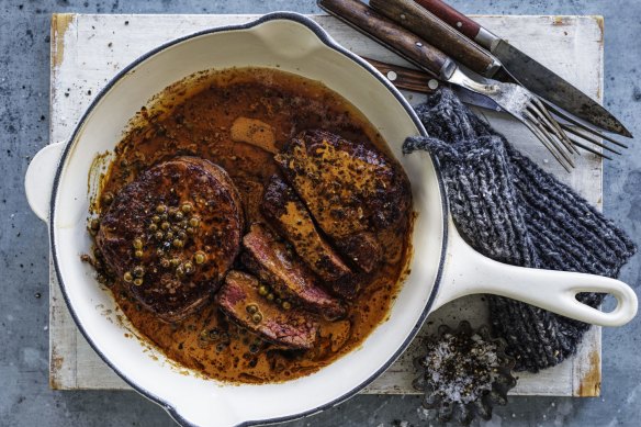 Fillet steak with green peppercorn sauce.