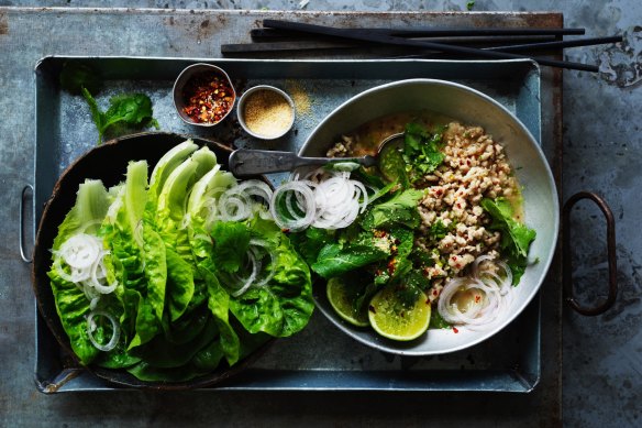 Chicken larb with roasted rice.