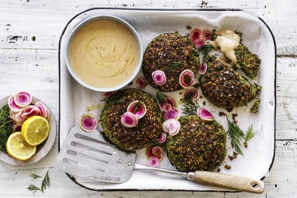 Falafel-stuffed portobello mushooms with smooth tahini sauce (top left).