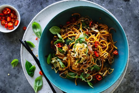 Chicken and broccoli hokkien noodles.