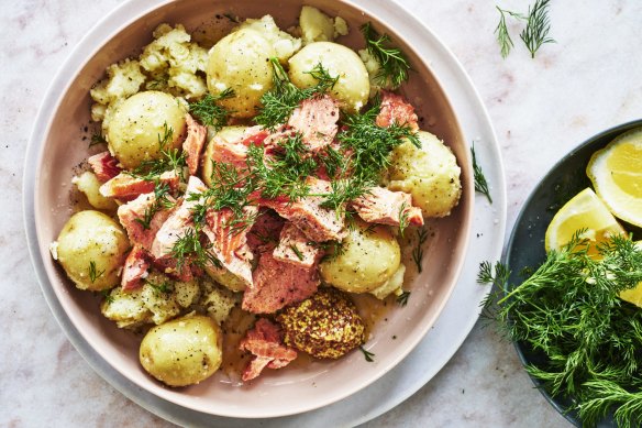 Boiled new potatoes with salmon and dill.