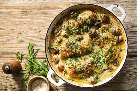 Chicken marylands: The combination of chicken, mushrooms, tarragon and cream is a classic in the French regional repertoire. 