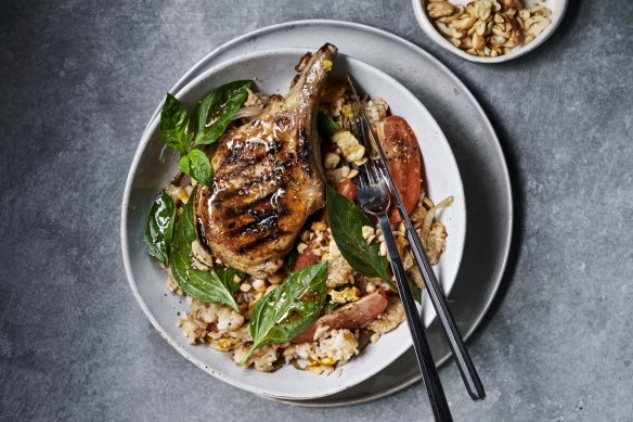 Sticky Thai pork cutlets with tomato fried rice. 