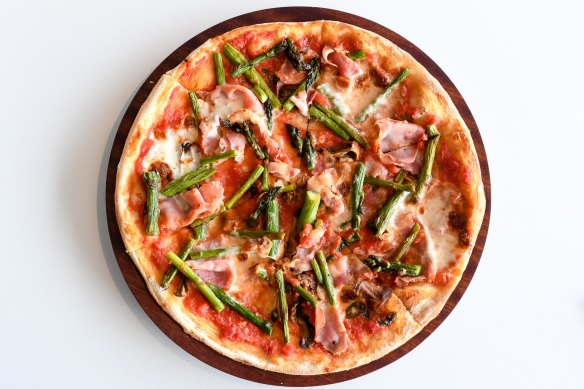 New season's asparagus, stracchino and pancetta on a disc at Pizza Meine Liebe Two.