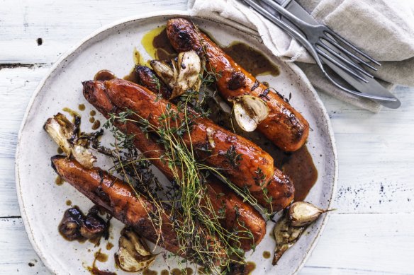 Whole roasted carrots with garlic, thyme and golden syrup.