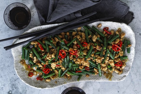 Wok-fried mince and green beans.