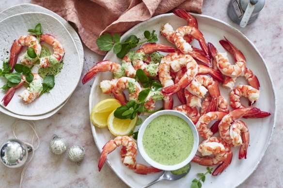 Prawns with green mustard mayonnaise.