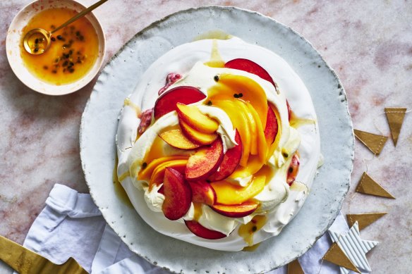 Adam Liaw's mango and peach pavlova with secret raspberry cream