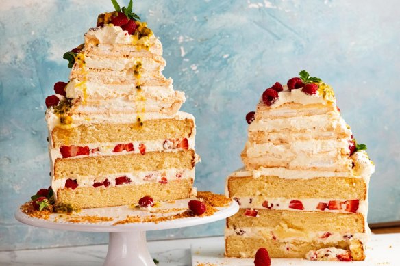 Pavlova-topped vanilla layer cake.