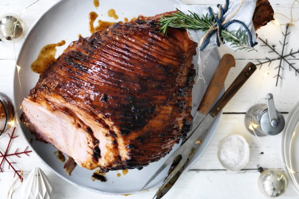 Peach and coriander seed glazed ham.