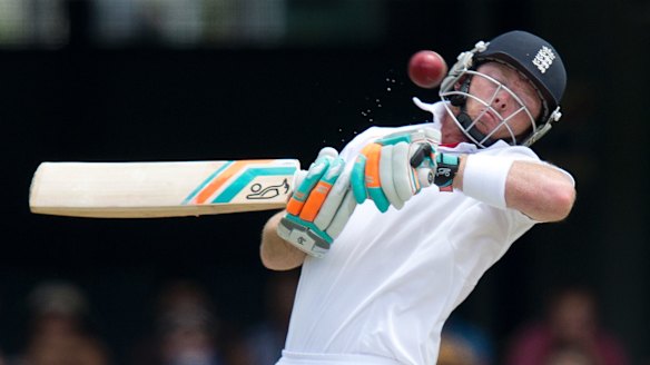 England's Ian Bell dodges a bouncer from Mitchell Johnson at the Gabba in 2013.