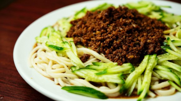 Cold noodles with cucumber and cumin lamb at Handmade Noodle Bar.