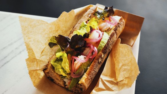 Prawn baguette with cocktail sauce, avocado and pickled Spanish onion.