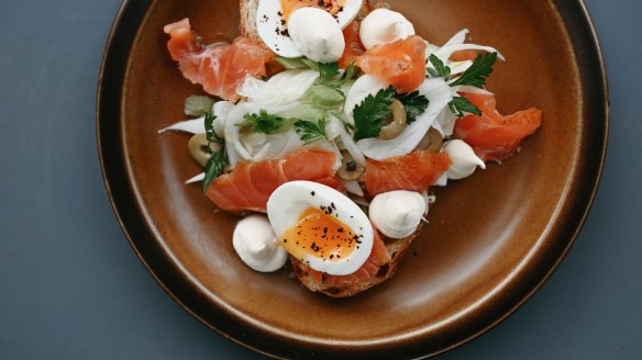 Soft-boiled egg, fennel and olive salad, creme fraiche and cured trout from Fenton Food & Wine's breakfast menu.