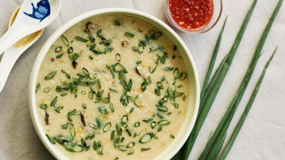 Martinez created this comforting corn and spring onion congee for Sacred Heart Mission's challenge 