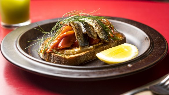 Blowtorched sardines and roasted capsicum on sourdough.