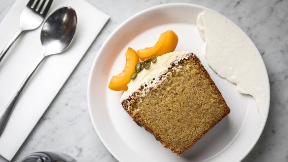 Desserts steer straight down the line - a slice of daily cake with vanilla labna.