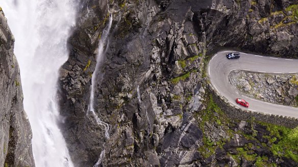 One of the hair pins on Trollstigen pass, next to Trollstigen pass waterfall.