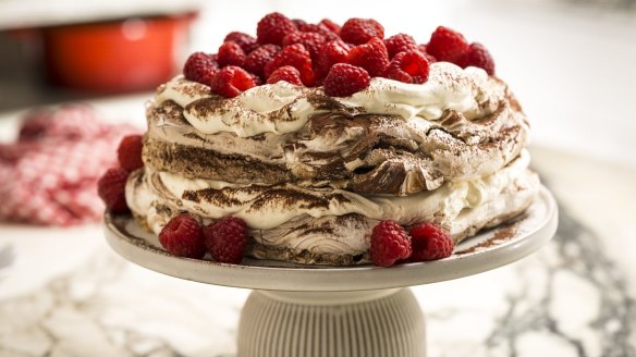 Two-layer chocolate swirl pavlova sandwiched with creme fraiche.