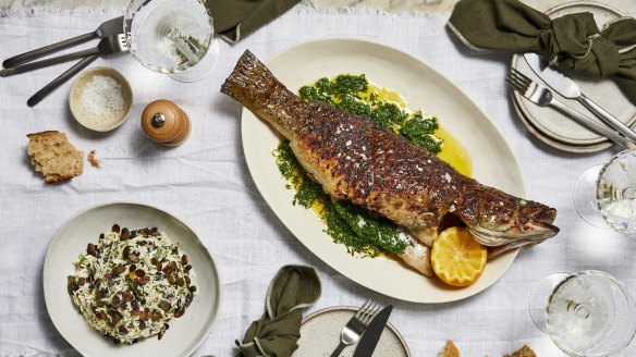Josh Niland's barbecued Murray cod on smoked gremolata with cabbage salad (bottom left).