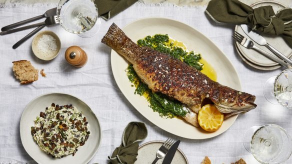 Josh Niland's barbecued Murray cod on smoked gremolata with cabbage salad (bottom left).