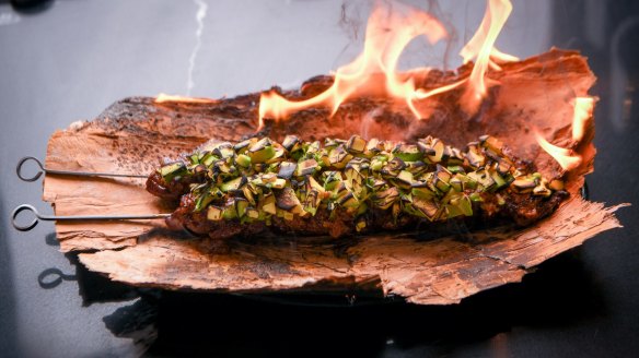 Kangaroo skewers with Vegemite glaze, macadamia satay and avocado smash.