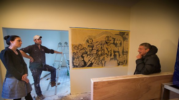 Tippler & Co owners Nicole Murnane and Gus McAllister recently uncovered a Mirka Mora mural. Pictured here with her son William Mora.