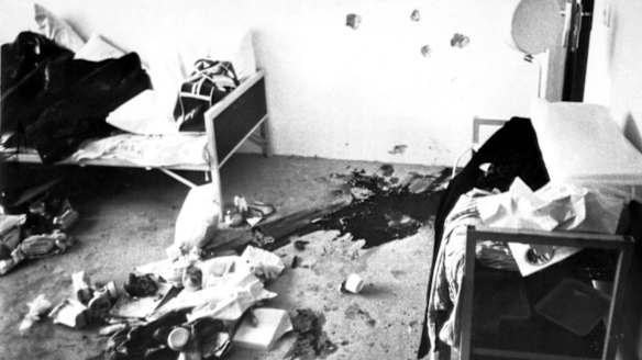 Blood stains and bullet holes mark the place where the Israeli weightlifter Yossef Romano was killed by Palestinian terrorists.