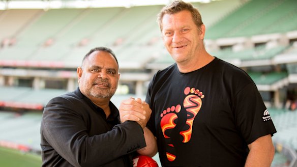 Re-united: Michael Long (left) and Damian Monkhorst at the Long Walk launch.