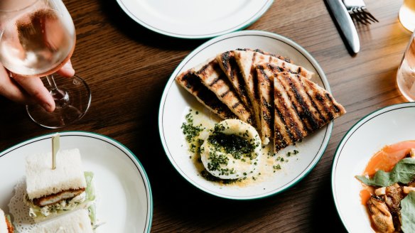 Grilled garlic flat bread, whipped ricotta, smoked olive oil and bottarga at the Hobsons Bay Hotel.